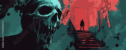 Terrifying skull creature in dark artwork with lone figure on staircase.