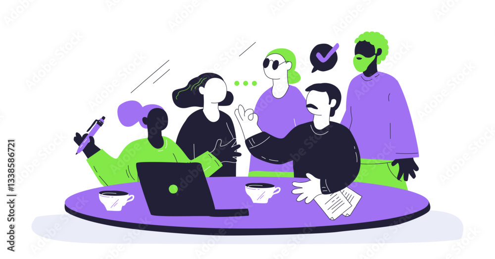 Diversity and inclusion in the workplace is depicted with diverse characters collaborating around a table. Key objects, laptop, coffee cups. Playful style. Diversity and inclusion in the workplace is depicted with diverse characters collaborating around a table. Key objects, laptop, coffee cups. Playful style.