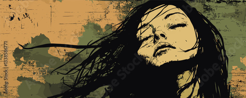 Illustrated woman with closed eyes against artistic abstract background.