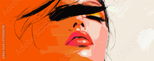 Colorful abstract portrait of woman with makeup and covered eyes in modern art style.