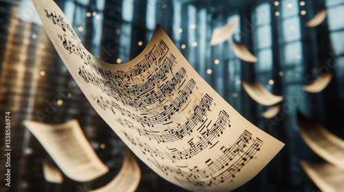 Beautiful composition of floating musical sheets and notes in an atmospheric setting, symbolizing the beauty of sound and creativity.  
