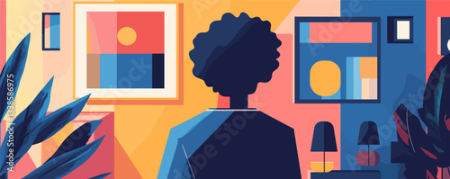 Person observing modern art in colorful gallery with framed abstract geometric paintings.