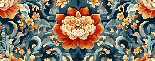 Elegant floral pattern with ornate orange and blue floral motifs on a dark background.