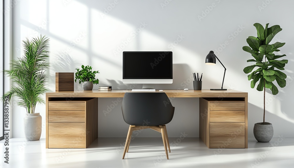 Fototapeta premium Modern office desk with computer, chair, lamp, and plant isolated on a white background Front view design element 3D Rendering