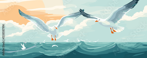 Two seagulls soaring over ocean waves at sunset with vibrant sky and white clouds.