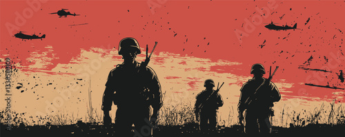 Silhouetted soldiers with helicopters in a red and tan war-torn landscape.