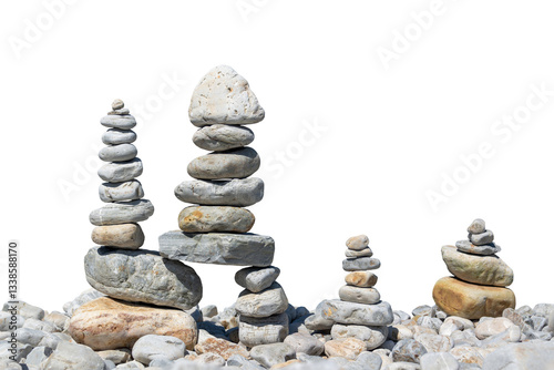 Obraz na płótnie Piles of balanced stones and pebbles isolated on white or transparent background, png cut out w salonie