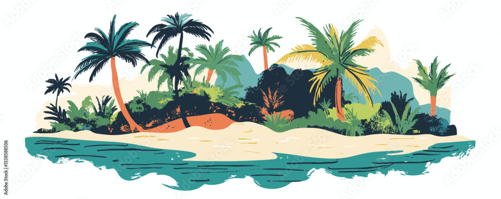 Obraz premium Tropical island paradise with palm trees and sandy beach by the ocean.