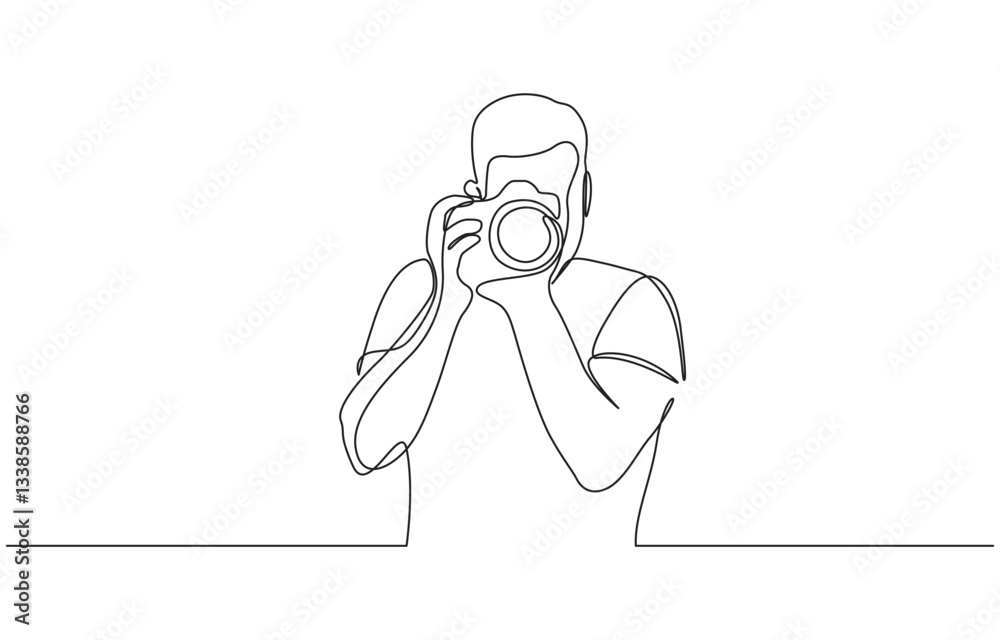 Continuous one line drawing of man taking picture with camera, Man-making photos with a camera. Single-line photographer takes pictures using camera isolated on a white background.