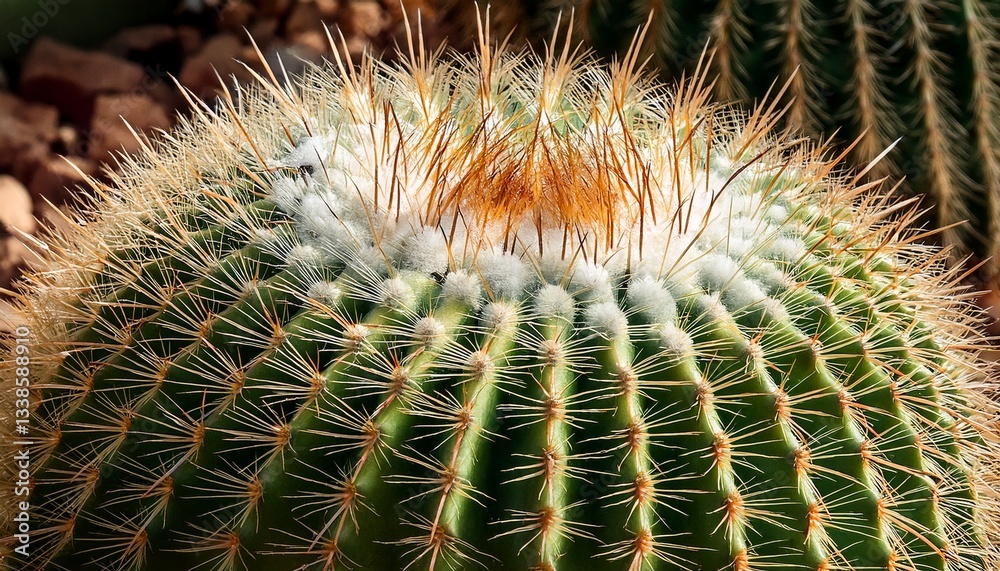 Unique Spherical Cactus With Distinctive Spines Thriving in a Warm Garden Setting Under Bright Sunlight Unique Spherical Cactus With Distinctive Spines Thriving in a Warm Garden Setting Under Bright Sunlight