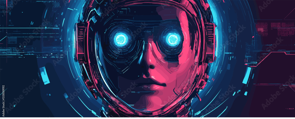 Obraz premium Futuristic digital artwork of human face with glowing robotic eyes and neon colors.