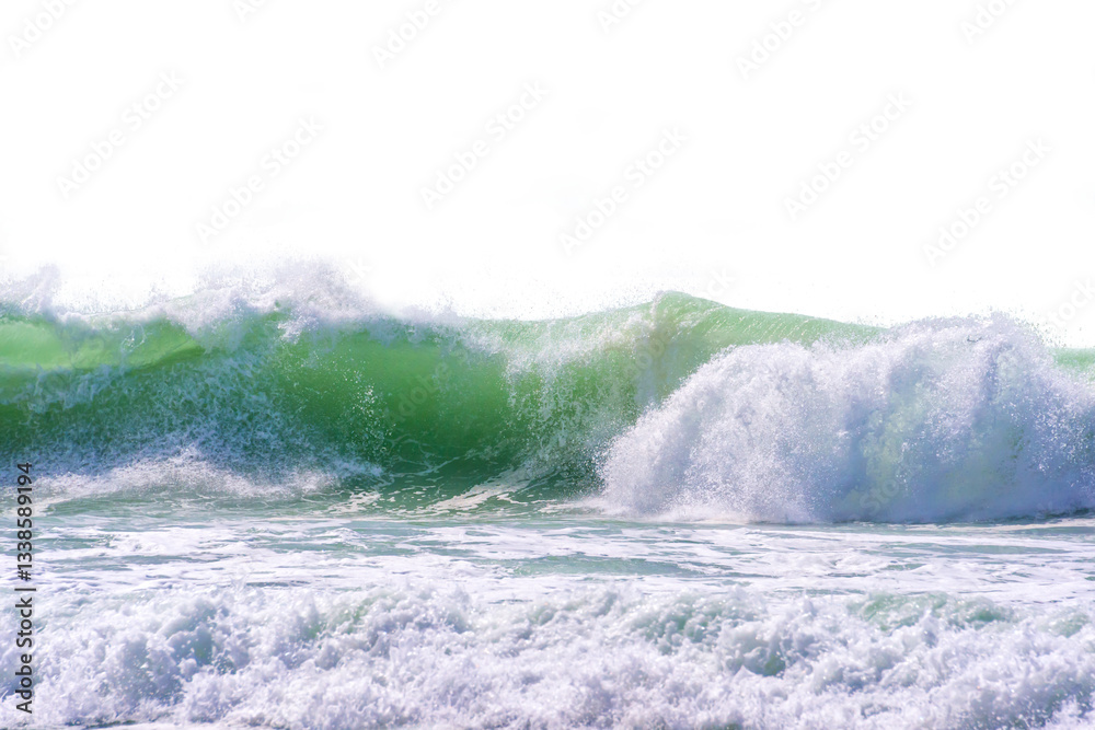 Front view of a huge ocean surf crashing wave isolated on white or transparent background