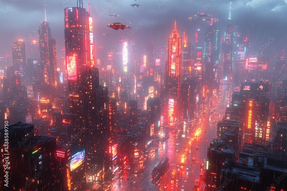 A Futuristic Metropolitan City Lit Up During a Rainstorm A Futuristic Metropolitan City Lit Up During a Rainstorm