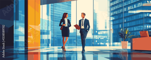 Business professionals discussing in modern office lobby with cityscape view.