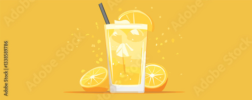 Refreshing lemonade with straw and ice cubes on yellow background.