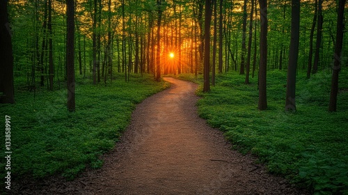 Sunlit path winding through a lush green forest at sunset
