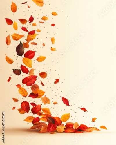 Fototapeta Naklejka Na Ścianę i Meble -  Autumnal cascade of vibrant leaves creating a warm and inviting scene with a soft light background and a gentle camera angle