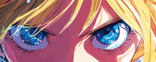 Intense close-up of anime character with blue eyes and blond hair exhibiting determined expression.