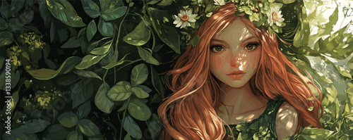 Enchanting redhead woman in leafy surroundings with floral crown.