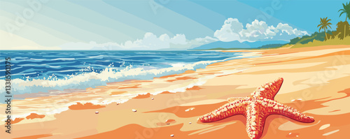 Serene beach scene with starfish on sand under blue sky and gentle waves.