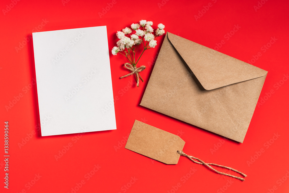 Fototapeta premium Craft envelope, blank form and gypsophila branches on red background. Mockup for greeting card or invitation.