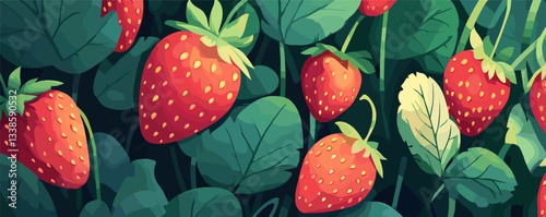 Fresh strawberries growing among lush green leaves in a vibrant garden setting.