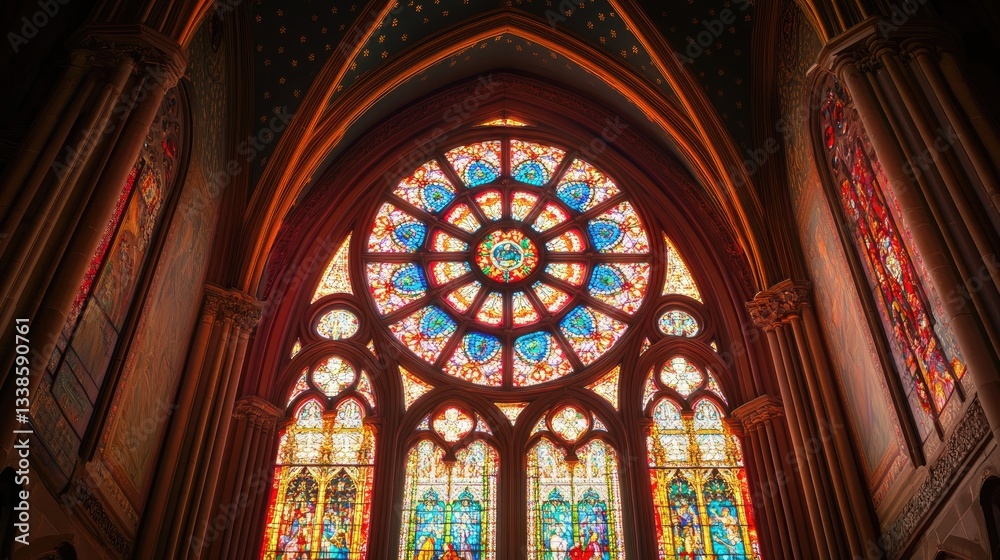 Fototapeta premium Majestic Stained Glass Window Illuminated by Sunlight in Cathedral