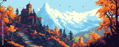 Mountain landscape with autumn trees and birds, snowy peaks in the background.