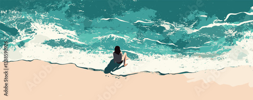 Woman sitting alone on sandy beach contemplating waves of turquoise ocean.