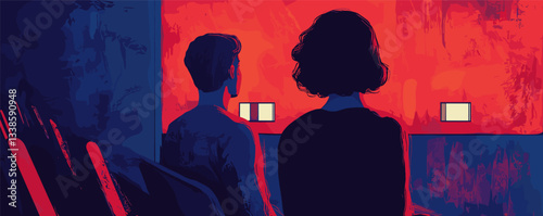 Two silhouetted people watching television in vibrant red room.
