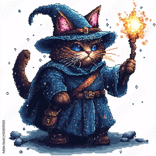 Pixel art sticker logo of a pixelized robotic cat wizard casting pixel spells