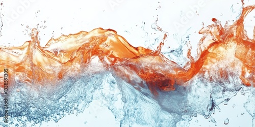 Liquid Dynamics: A mesmerizing display of colliding liquids, with cool blue water interacting with a vibrant orange substance, creating a captivating abstract composition with dynamic splashes.