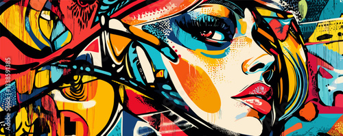 Vibrant abstract portrait of a young woman with bold colors and graphic elements.