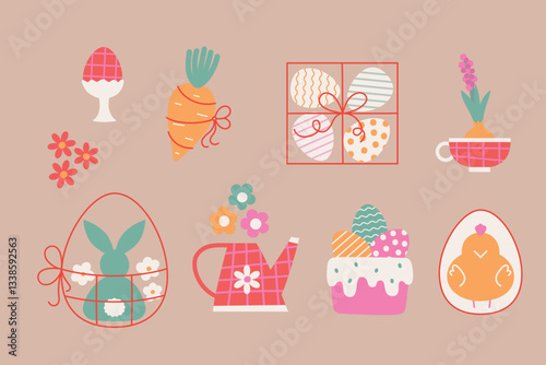 Simple cute Easter eggs, chick, bunny, cake. Cartoon vector Easter illustrations for sticker, card, invitation, holiday merch