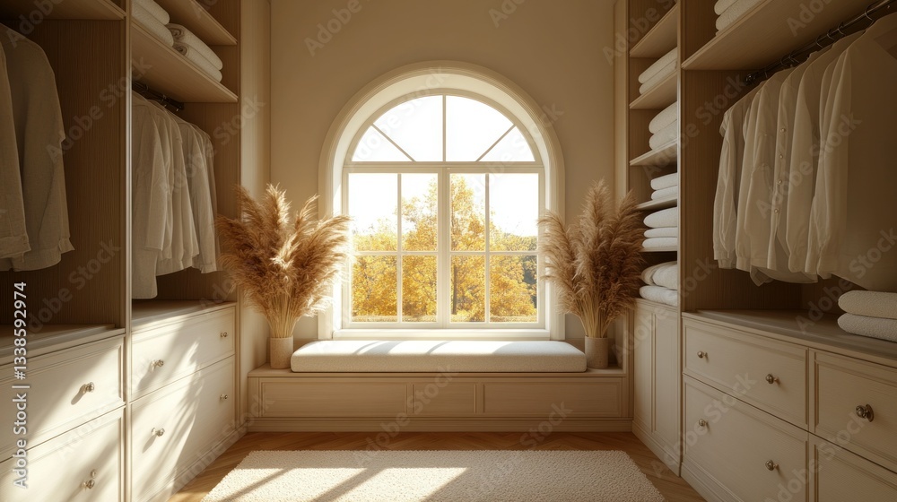 Sunlit walk-in closet with neutral tones, arched window, pampas grass, and ample storage