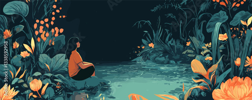 Woman reflecting by tranquil forest pond under moonlit night surrounded by lush foliage.