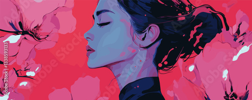 Stylized portrait of a young woman with closed eyes amidst pink blossoms on red background.