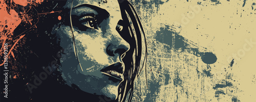 Abstract portrait of thoughtful woman in artistic graffiti style with textured background.