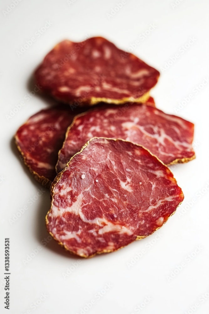 Fresh sliced salami on a white background, ready for use in food photography or as an appetizer Fresh sliced salami on a white background, ready for use in food photography or as an appetizer
