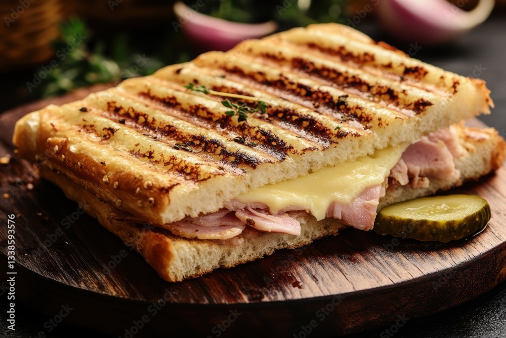 Delicious panini sandwich with ham cheese and pickle on a wooden board showcasing toasted bread and melted cheese for food photography Delicious panini sandwich with ham cheese and pickle on a wooden board showcasing toasted bread and melted cheese for food photography