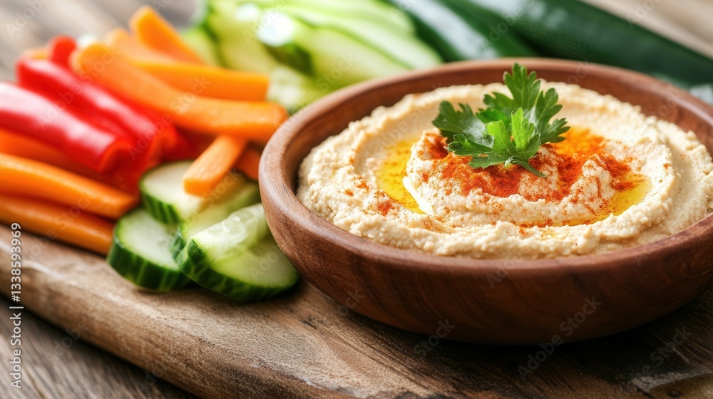 a fresh, homemade hummus spread served with an array of crunchy vegetables, including bell peppers, cucumbers, and carrot sticks, on a rustic wooden board. a fresh, homemade hummus spread served with an array of crunchy vegetables, including bell peppers, cucumbers, and carrot sticks, on a rustic wooden board.