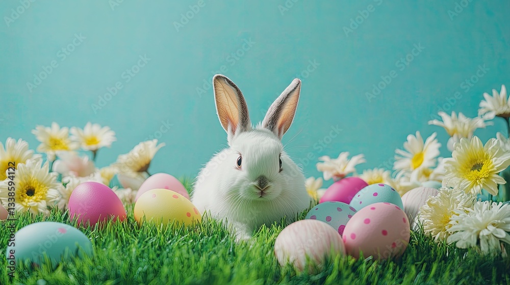 Fototapeta premium Cute White Rabbit Surrounded by Colorful Easter Eggs and Flowers