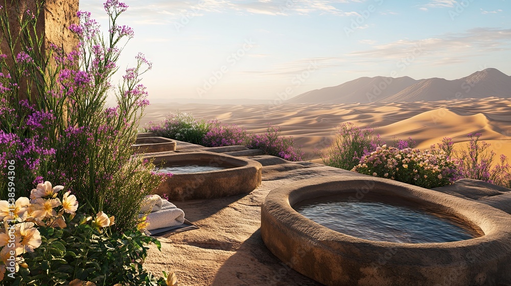 Fototapeta premium A desert plateau spa featuring warm sandstone seating pools