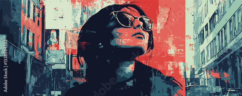 Stylish woman in sunglasses staring upward in urban art-themed graphic with buildings.