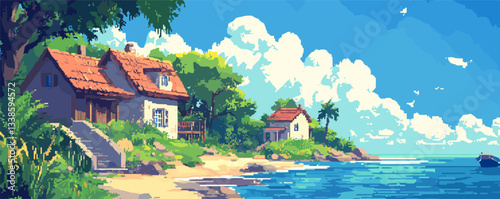 Charming coastal cottages with lush greenery by a tranquil blue sea under a bright cloudy sky.