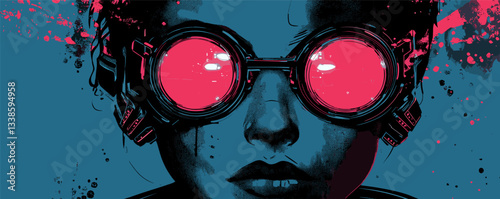 Futuristic portrait of woman with pink glowing glasses in cyberpunk style artwork.