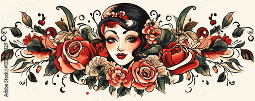 Vintage tattoo style woman's face surrounded by roses and floral elements in bold colors.