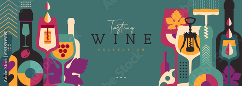 Modern banner or poster with wine bottles and glasses. Restaurant menu design. Wine background. Vector illustration