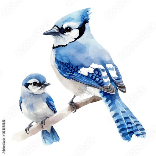 A watercolor vector painting of a mother blue jay with her kid, isolated on a white background. Blue jay vector.

