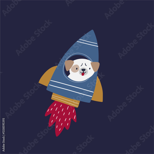 Cute cartoon dog in space - vector illustration. Collection of dogs astronauts on rockets, ufo, planets and stars. Space adventure